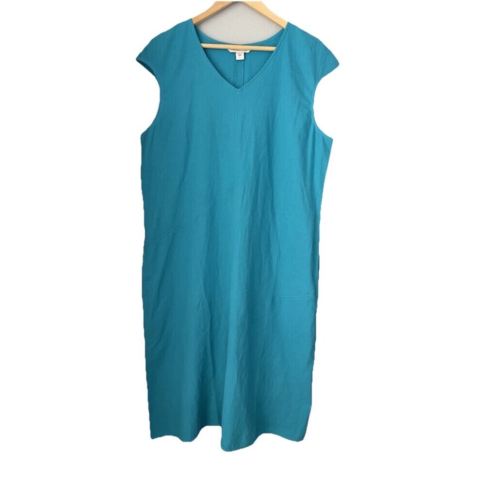 Vintage 90s 100% Cotton Maxi Dress Size Large Turquoise Flowy Light Boho POCKETS